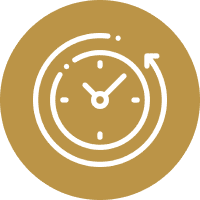 Clock icon with circular arrow on brown.