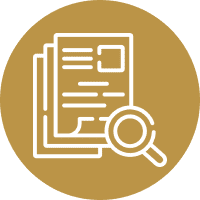 Document and magnifying glass icon on gold.